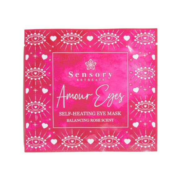 image of balancing Pink rose scented self heating eye mask on a white background