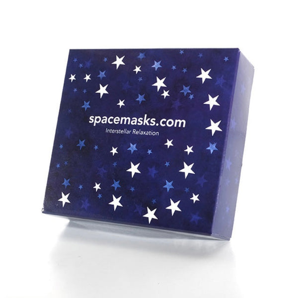 Box of 5 self heating eye masks from Spacemasks on a white background