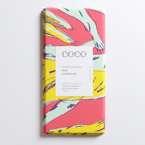 Salted caramel milk chocolate bar from Coco Chocolatier 80g on white background