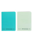 Two A6 notebooks, one turquoise and one light green, one lined and one plain, 80 pages per book, made with 80 GSM paper thickness on a white background.