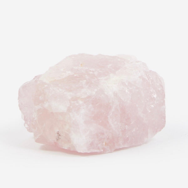 Natural rose quartz crystal on a white background