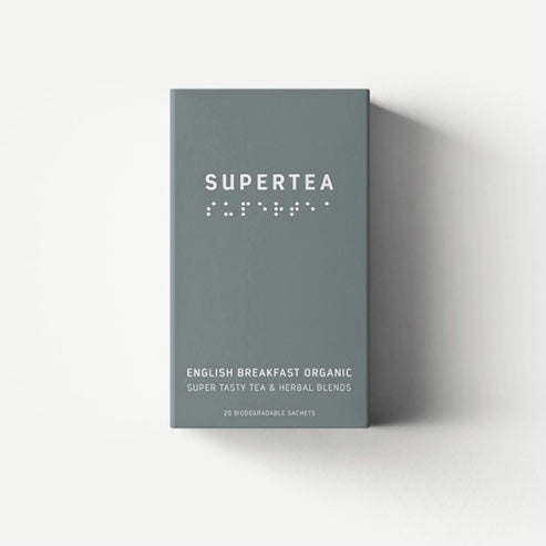 Pack of Supertea English Breakfast Organic Teabags on a white background