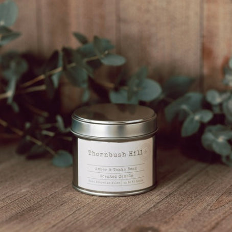 Thornbush Hill Silver Tin Soy Wax candle of Amber and Tonka Bean on a decorative background