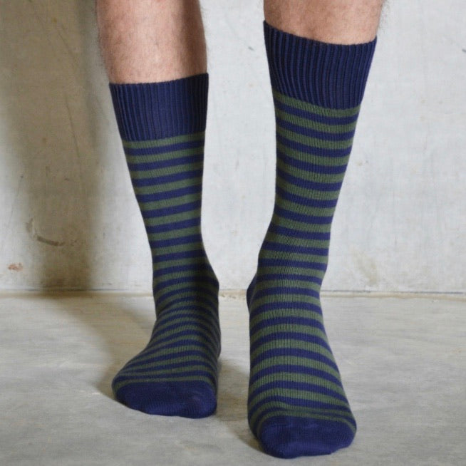 Tom Lane Mens Cotton socks in navy and olive striped size 8 - 11