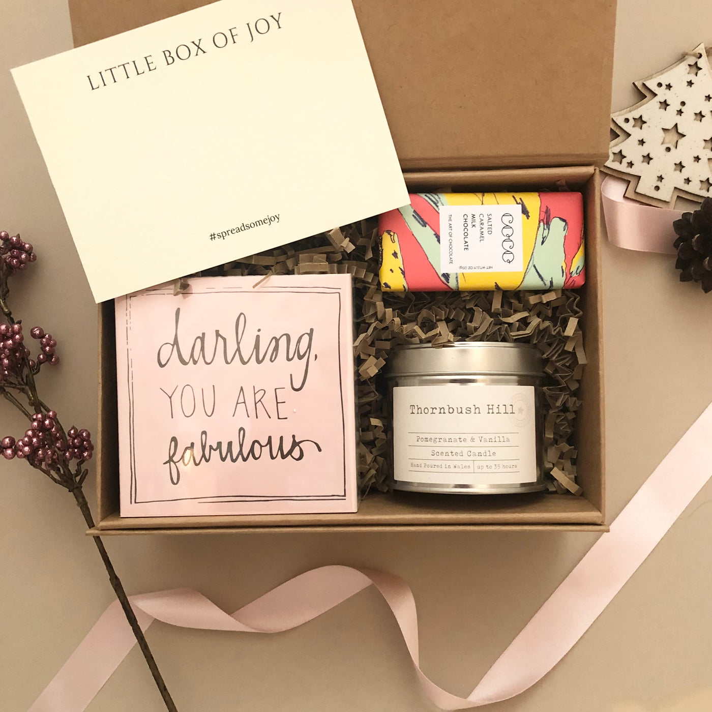 Moment of calm gift box small kraft box contains darling you are fabulous artisan matches, amber and tonka bean soy wax candle and small bar of salted caramel milk chocolate from coco Chocolatier 20g 